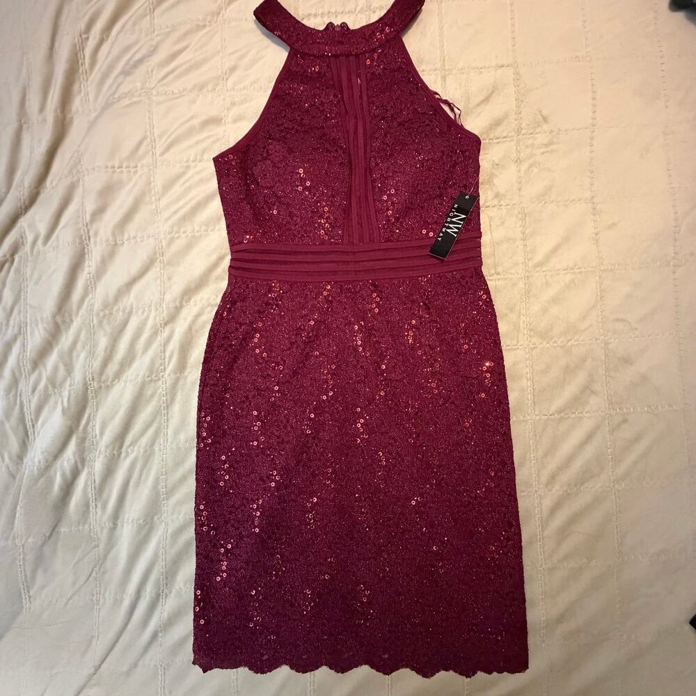 Nightway Burgundy Sequin Lace Halter Midi Dress Size 6 NWT